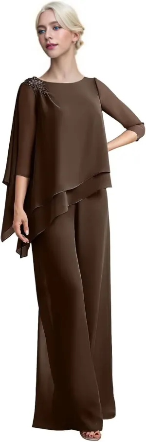 2 Piece Mother of The Bride Dresses Pant Suits Beaded Chiffon Wedding Guest Groom Plus Size Evening Formal Jumpsuit
