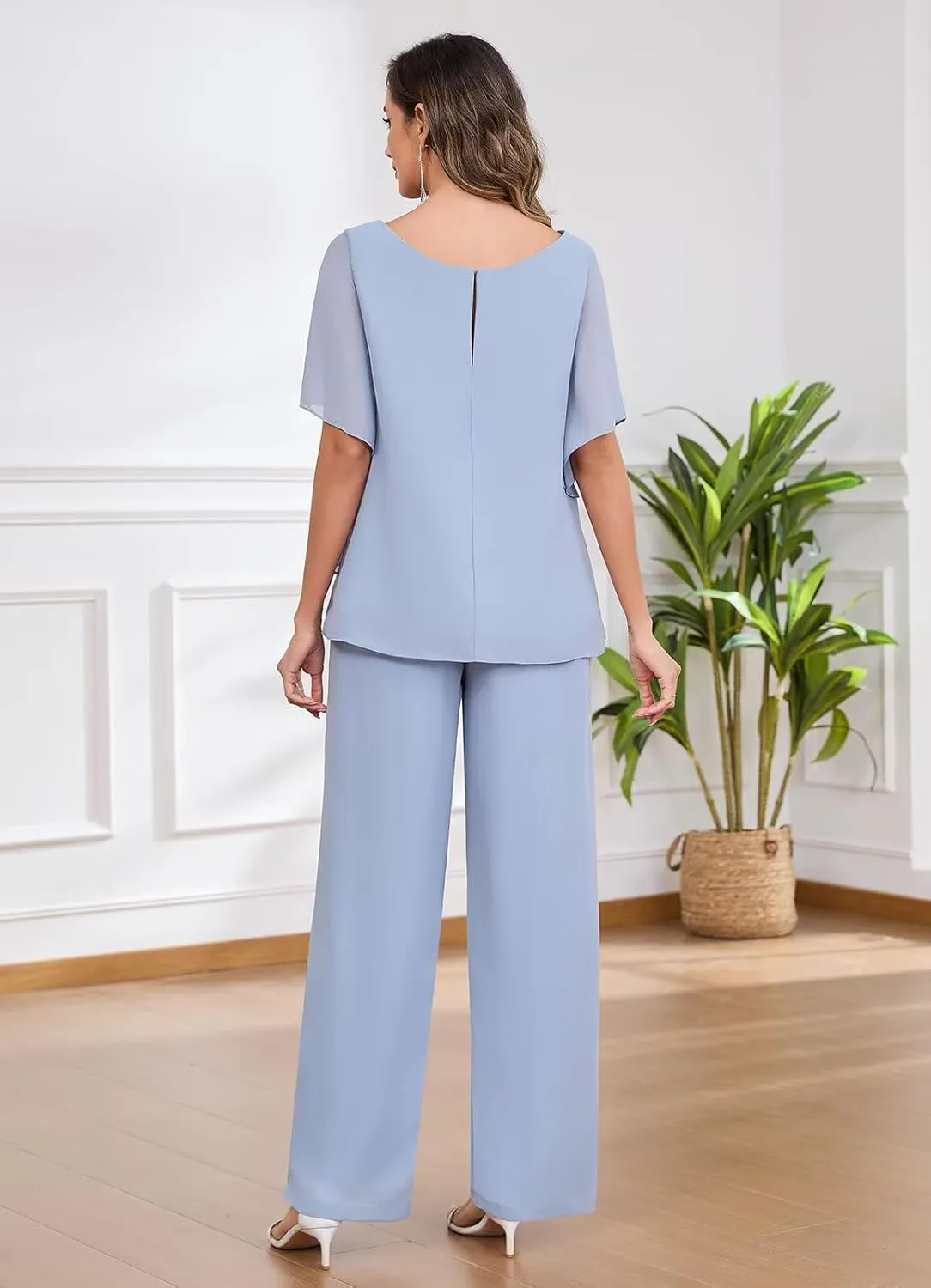 2 Pieces Mother of The Bride Pant Suits for Women Half Sleeve Sparkly Chiffon Layered Formal Evening Outfit