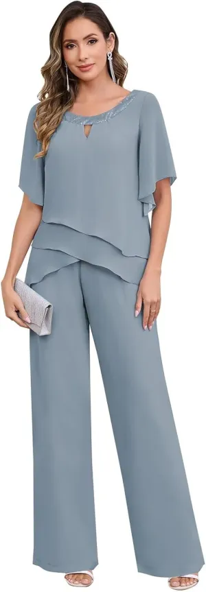 2 Pieces Mother of The Bride Pant Suits for Women Half Sleeve Sparkly Chiffon Layered Formal Evening Outfit
