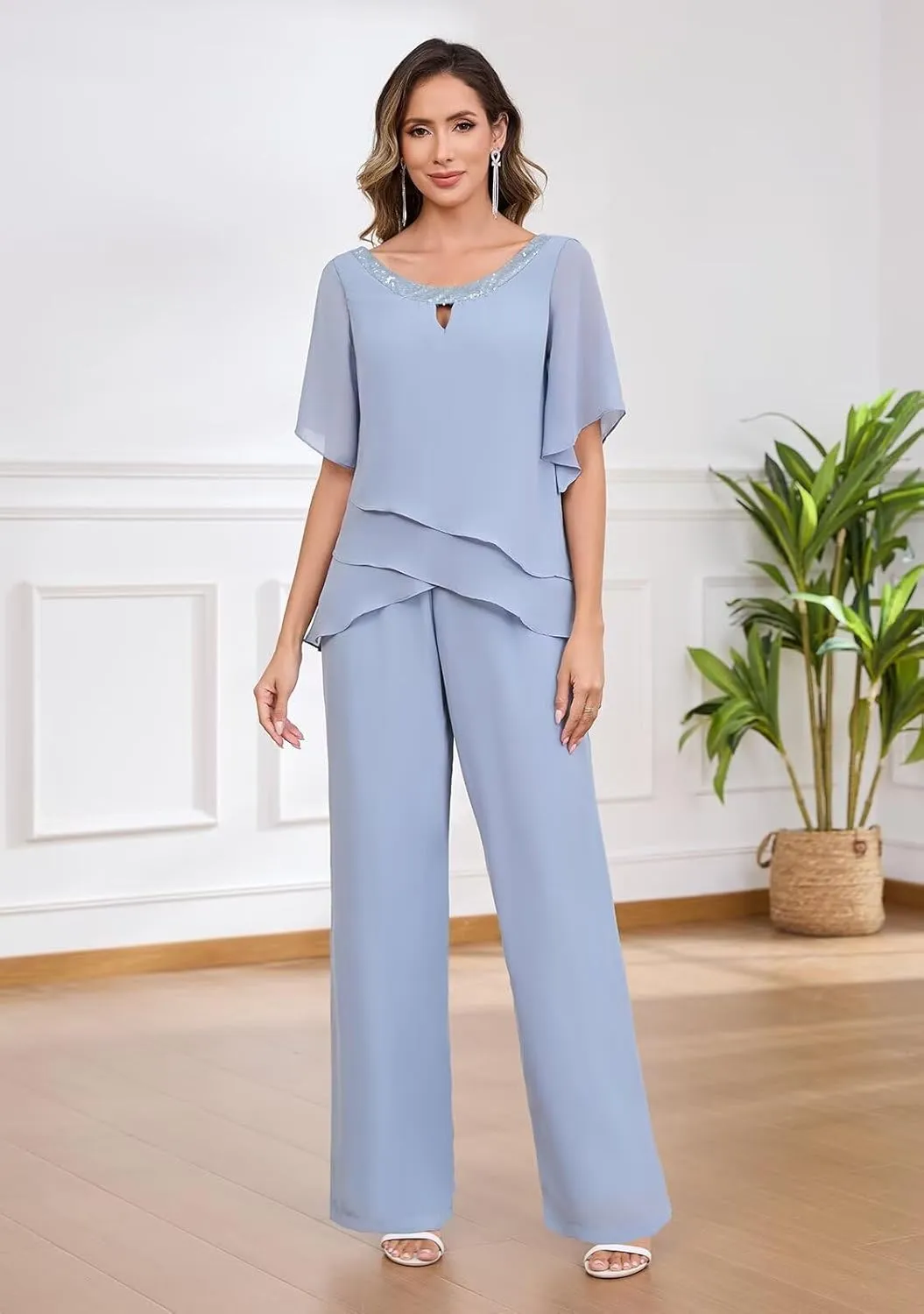 2 Pieces Mother of The Bride Pant Suits for Women Half Sleeve Sparkly Chiffon Layered Formal Evening Outfit