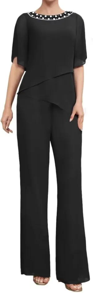 2 Pieces Mother of The Bride Pants Suits Short Sleeve Formal Outfits for Women Pantsuits for Wedding Guest