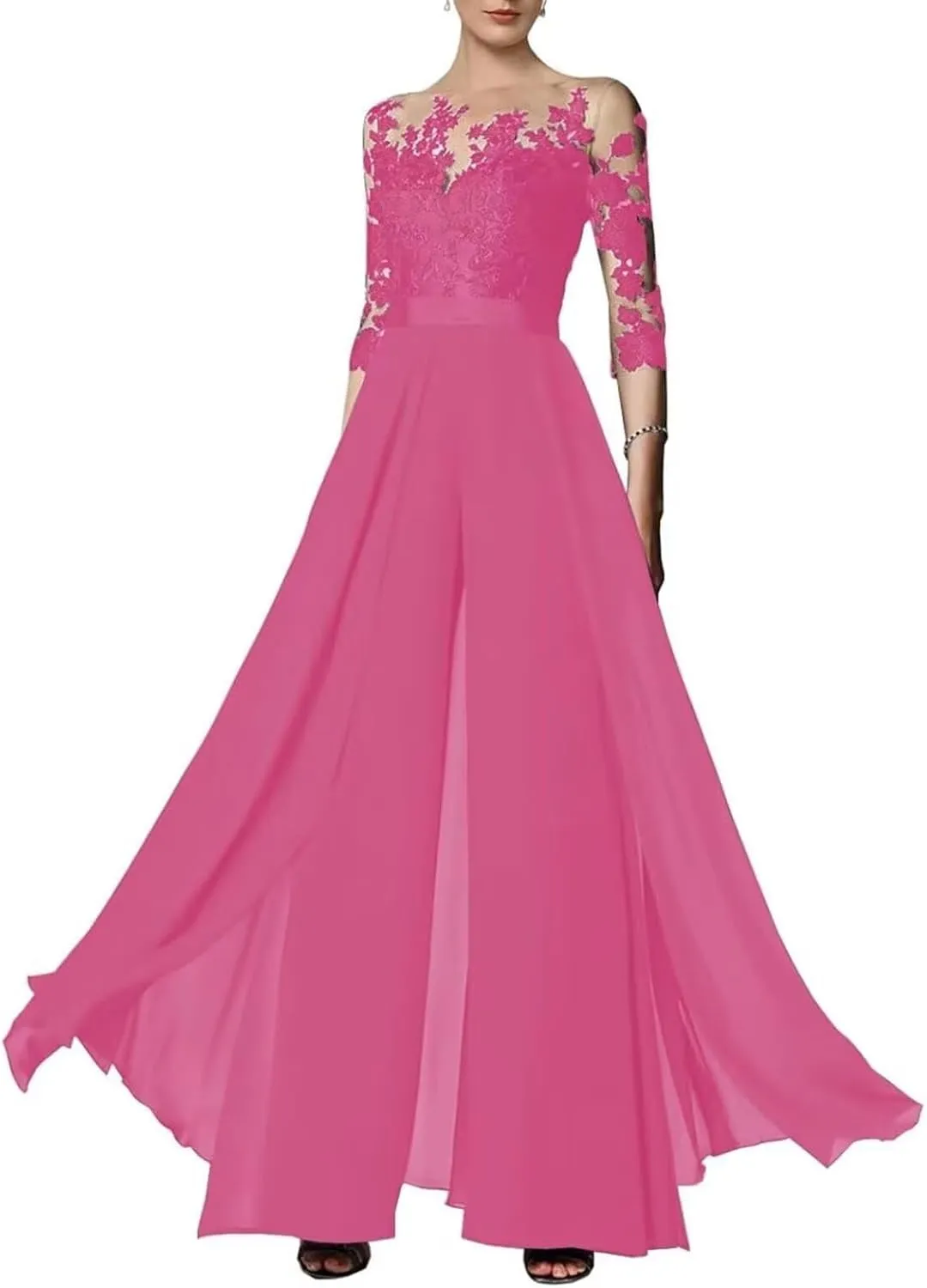 2 Pieces Pants Suits Scoop Neck Mother of The Bride Chiffon Formal Lace Appliques Wedding Grooms Dresses