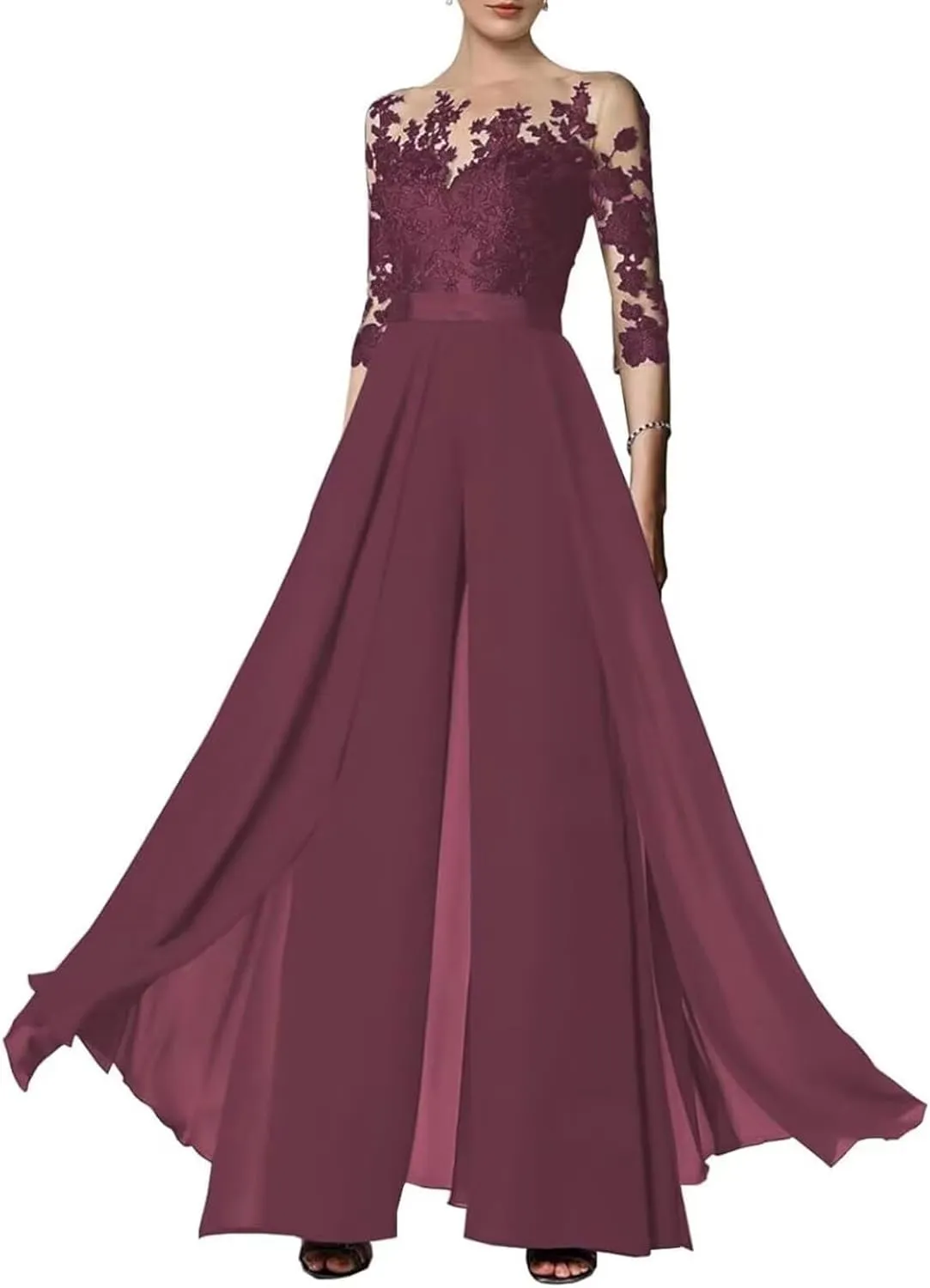 2 Pieces Pants Suits Scoop Neck Mother of The Bride Chiffon Formal Lace Appliques Wedding Grooms Dresses