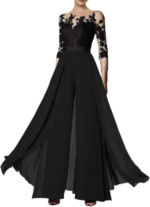 2 Pieces Pants Suits Scoop Neck Mother of The Bride Chiffon Formal Lace Appliques Wedding Grooms Dresses