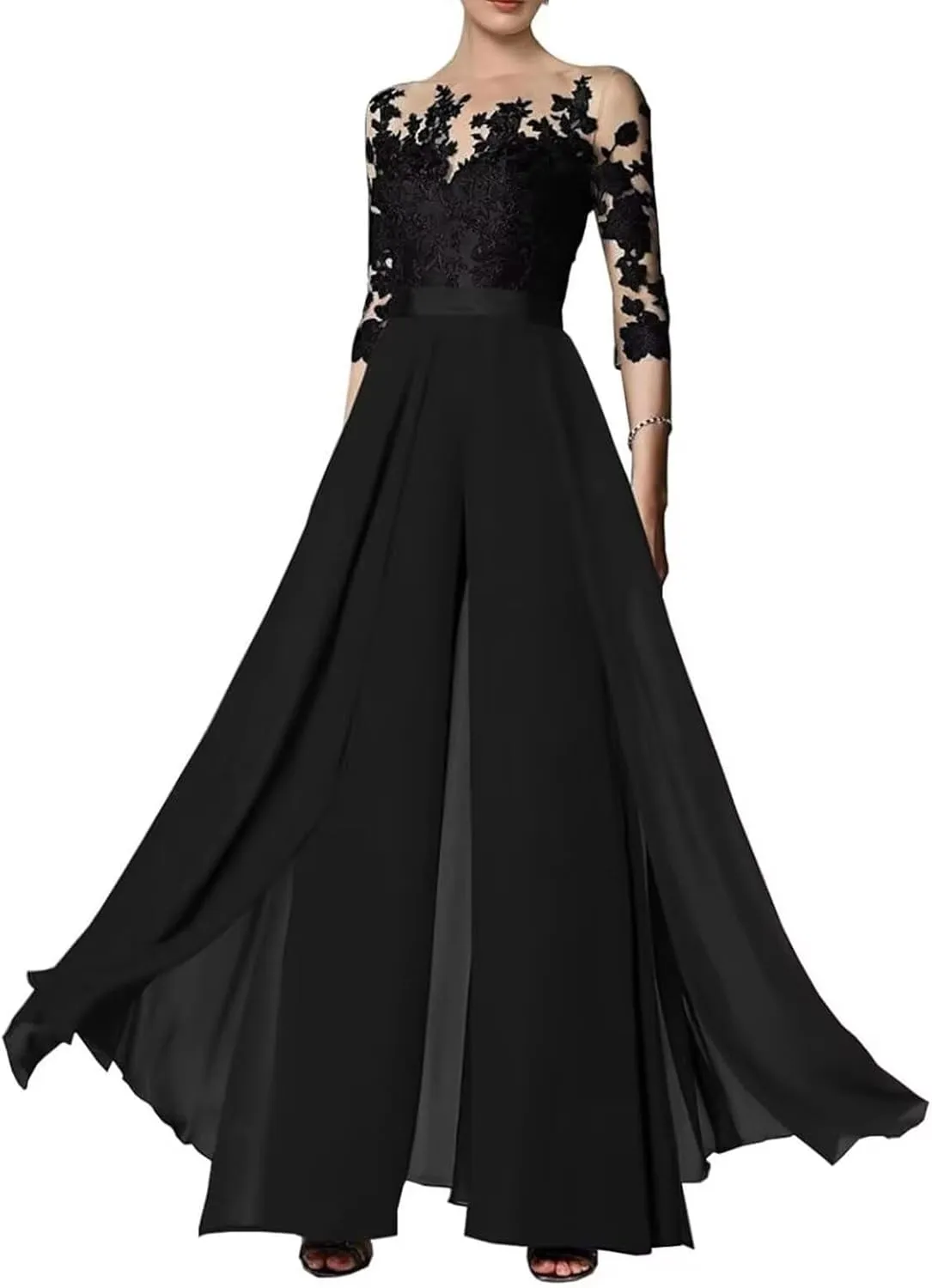 2 Pieces Pants Suits Scoop Neck Mother of The Bride Chiffon Formal Lace Appliques Wedding Grooms Dresses