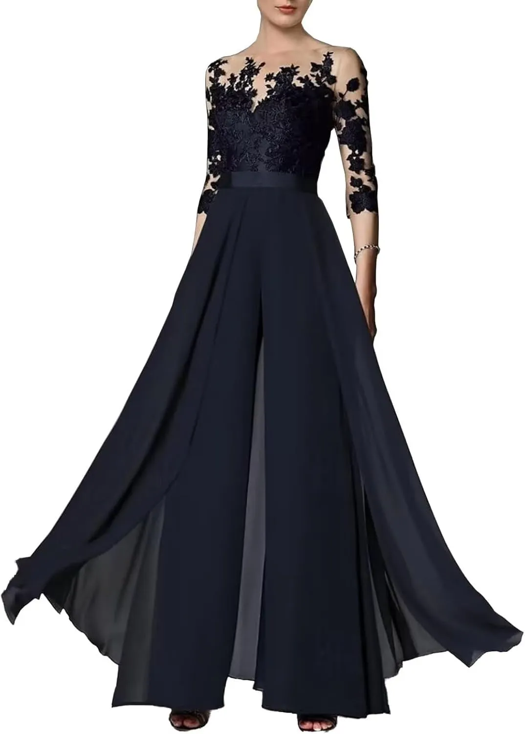 2 Pieces Pants Suits Scoop Neck Mother of The Bride Chiffon Formal Lace Appliques Wedding Grooms Dresses
