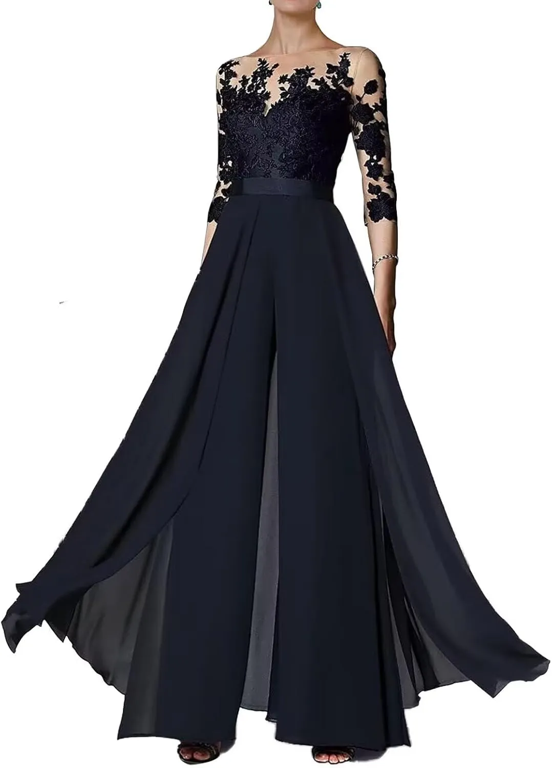 2 Pieces Pants Suits Scoop Neck Mother of The Bride Chiffon Formal Lace Appliques Wedding Grooms Dresses