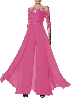 2 Pieces Pants Suits Scoop Neck Mother of The Bride Chiffon Formal Lace Appliques Wedding Grooms Dresses