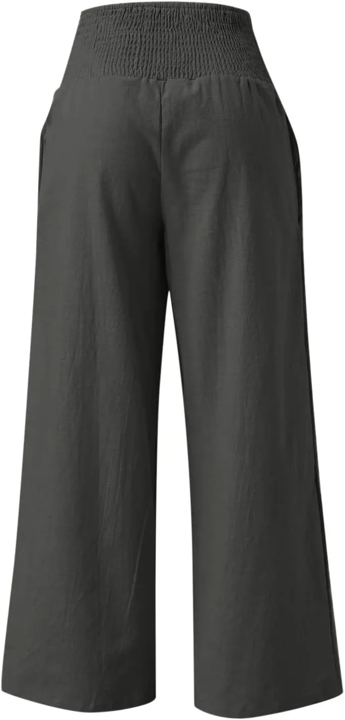 2024 Women Linen Palazzo Pants Wide Leg High Waist Lounge Summer Casual Boho Trousers Travel Vacation Outfits