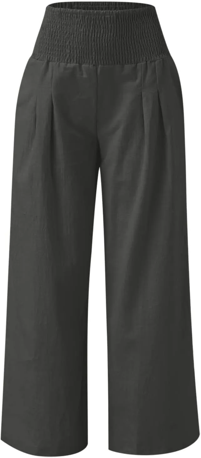 2024 Women Linen Palazzo Pants Wide Leg High Waist Lounge Summer Casual Boho Trousers Travel Vacation Outfits