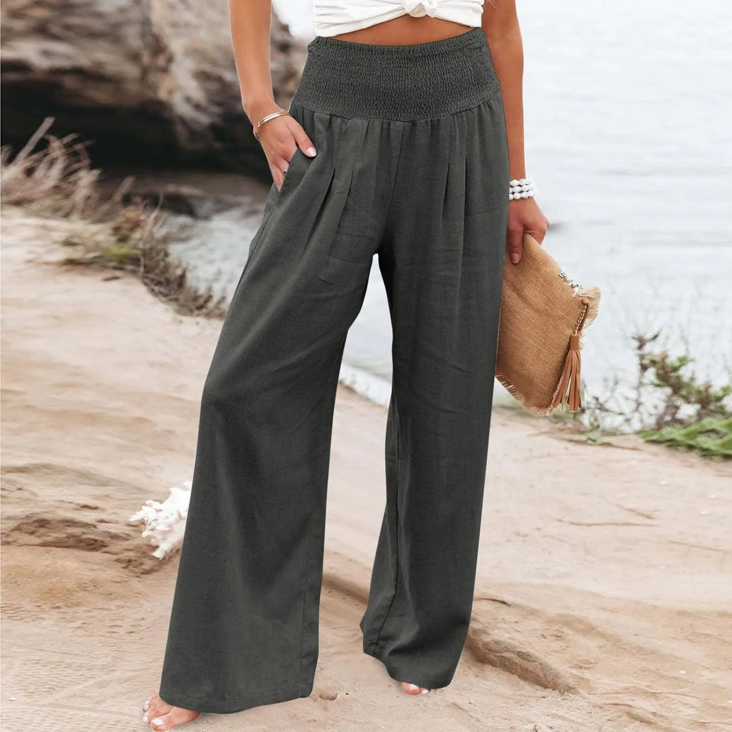 2024 Women Linen Palazzo Pants Wide Leg High Waist Lounge Summer Casual Boho Trousers Travel Vacation Outfits