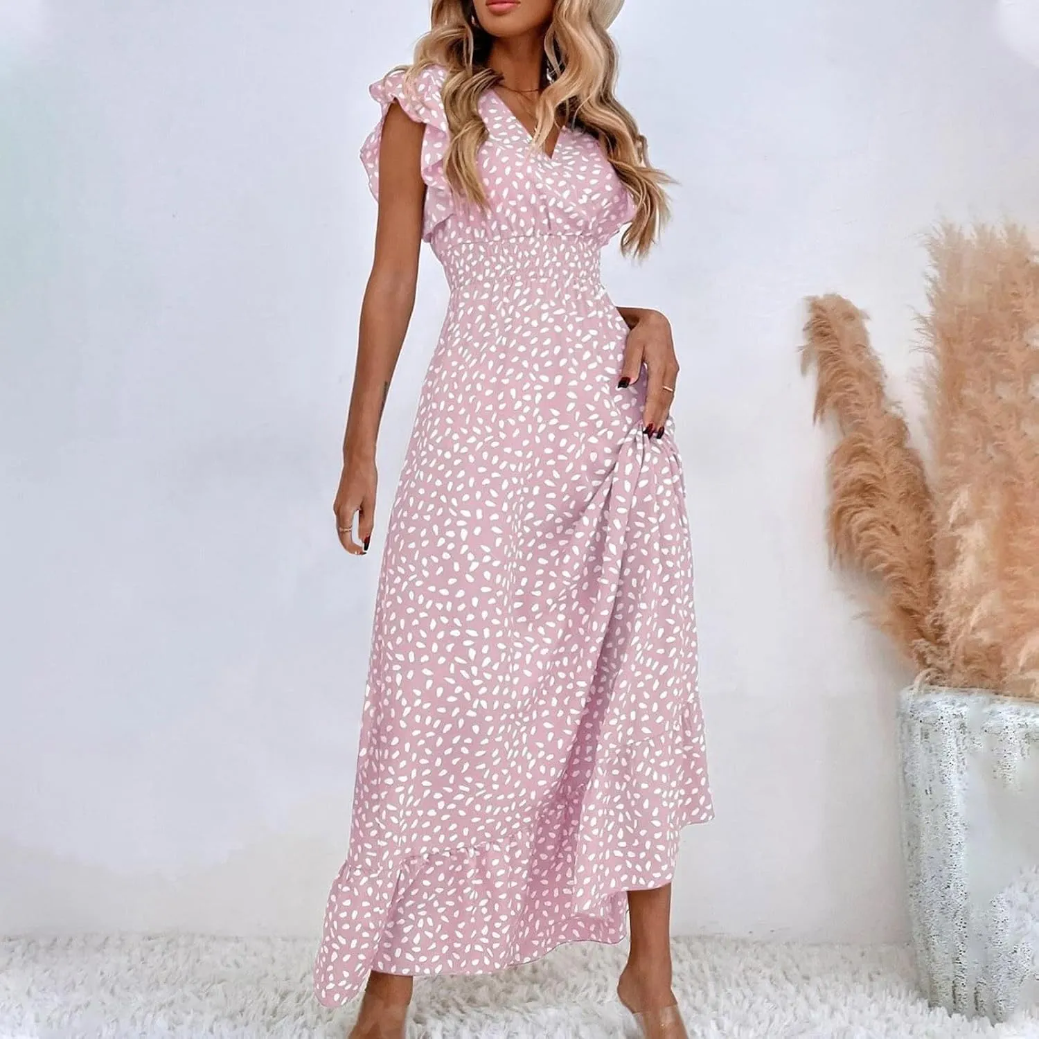 2024 Womens Summer Dresses Casual Boho Floral Ruffle Sleeve Midi Dresses Trendy Tie Waist V-Neck Sundress Beach Dress