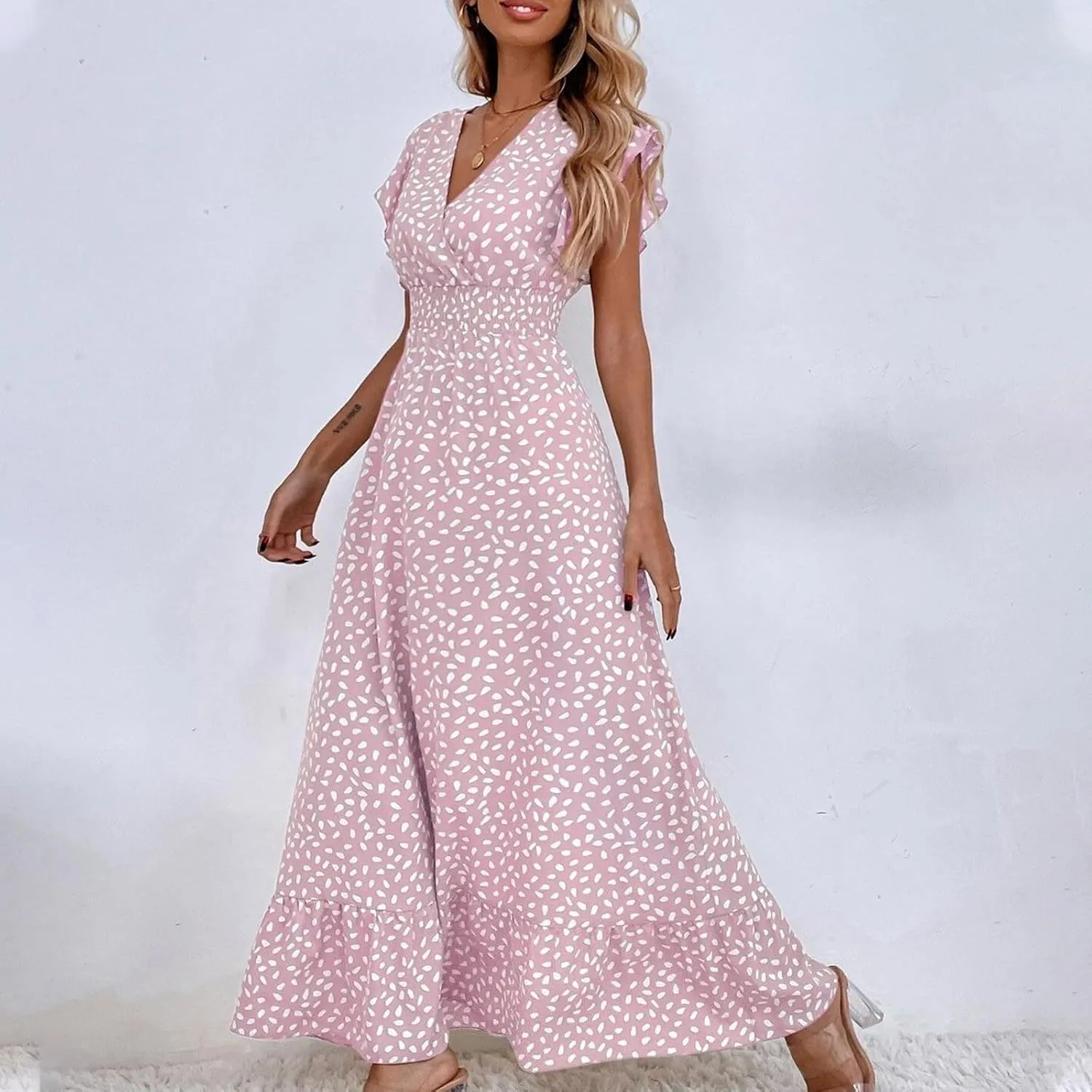 2024 Womens Summer Dresses Casual Boho Floral Ruffle Sleeve Midi Dresses Trendy Tie Waist V-Neck Sundress Beach Dress