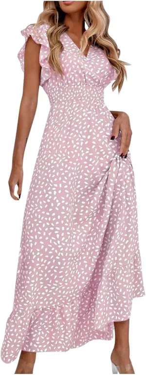 2024 Womens Summer Dresses Casual Boho Floral Ruffle Sleeve Midi Dresses Trendy Tie Waist V-Neck Sundress Beach Dress
