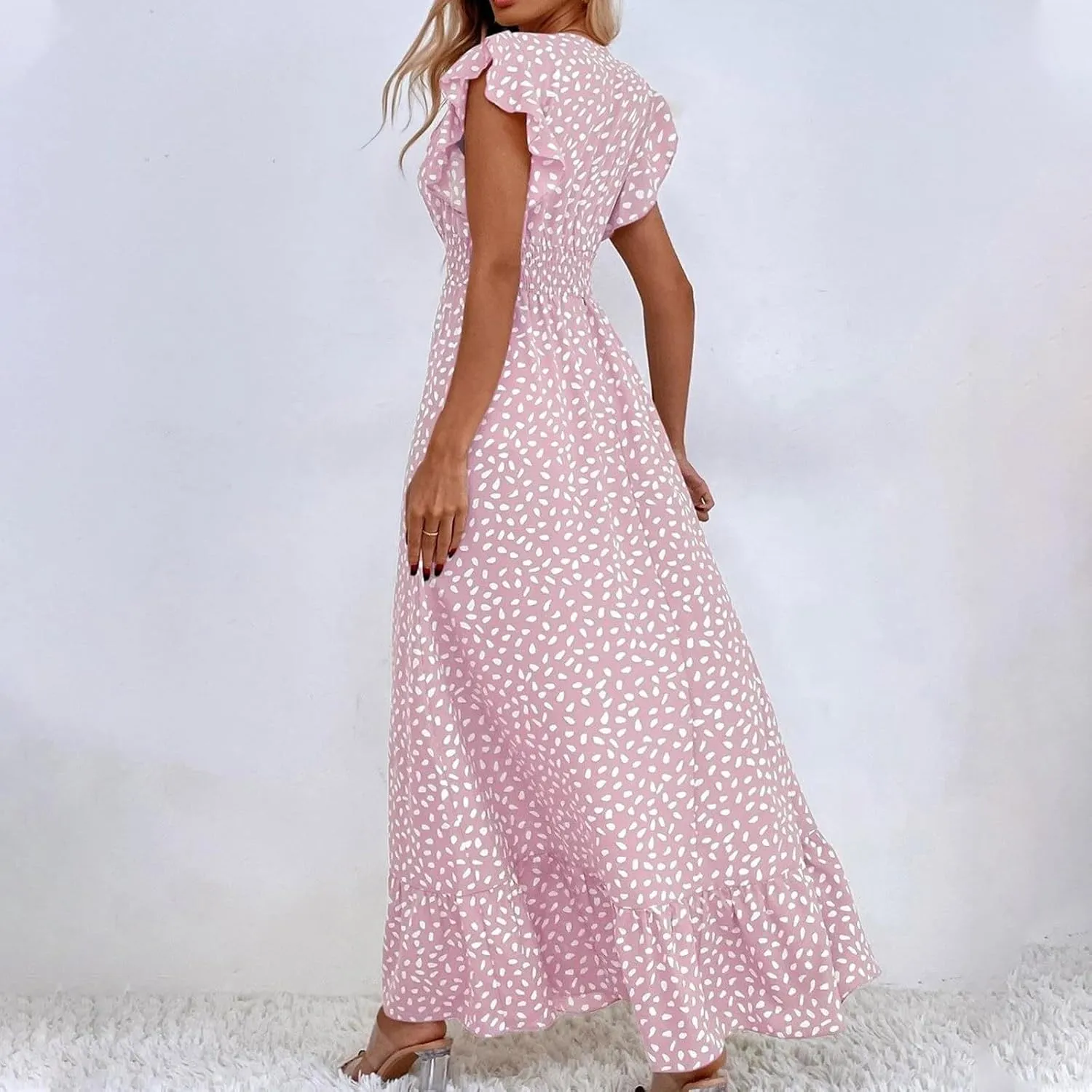 2024 Womens Summer Dresses Casual Boho Floral Ruffle Sleeve Midi Dresses Trendy Tie Waist V-Neck Sundress Beach Dress