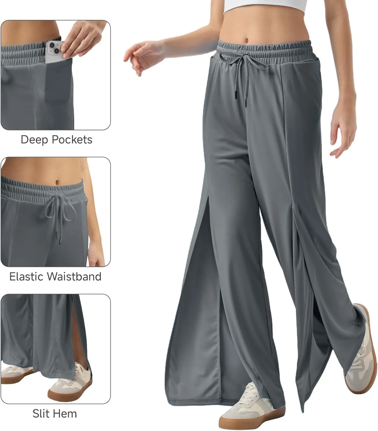 26"/28"/30" Inseam Womens Split Wide Leg Sweatpants Lightweight Petite Summer UPF50 Palazzo Strech Flowy Pants Loose Pockets