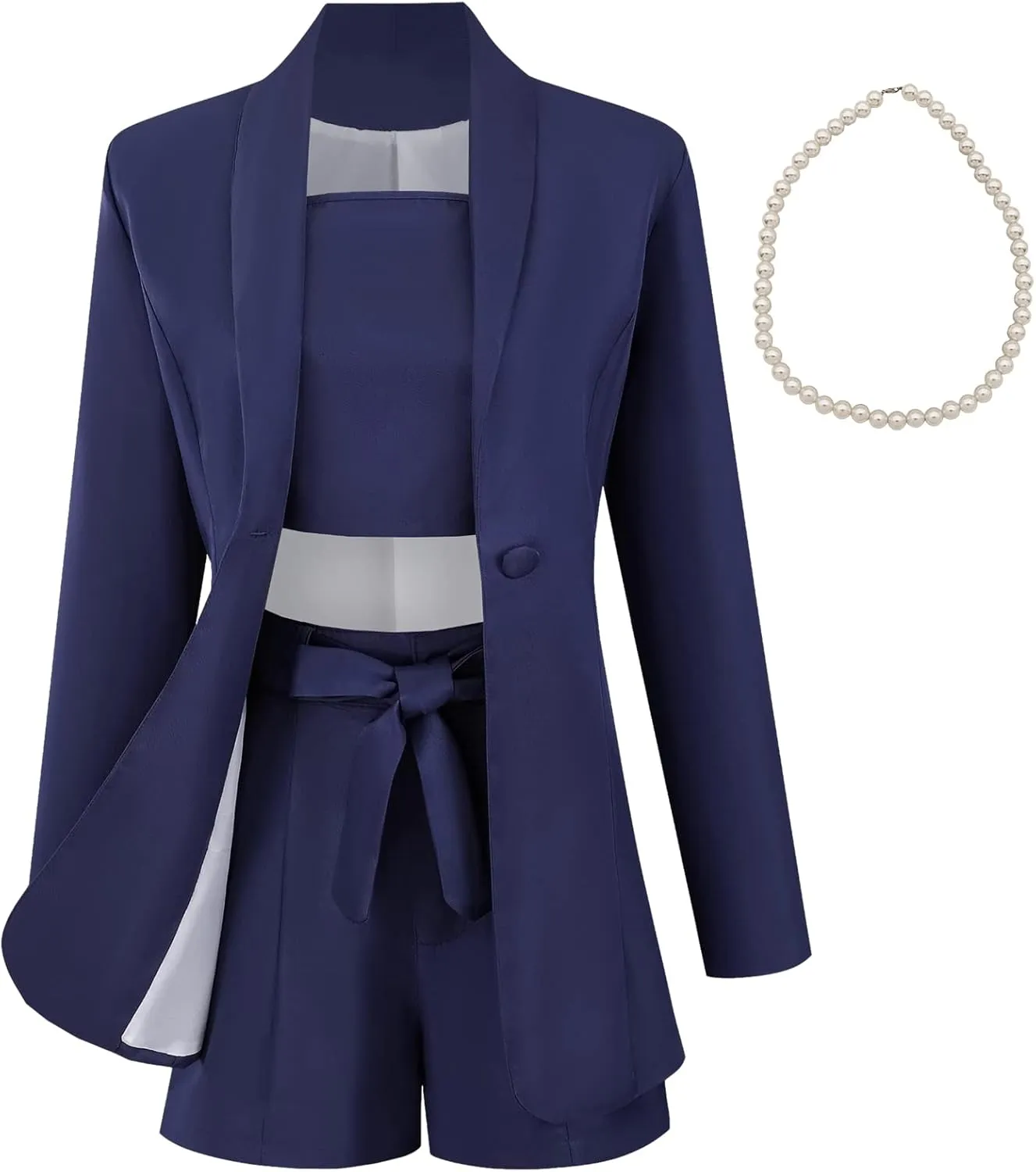3 Piece Elegant Summer Outfits Women's Long Sleeve Blazer Coat & Short Pants & Top Set for Office Wedding Party