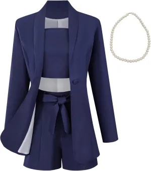 3 Piece Elegant Summer Outfits Women's Long Sleeve Blazer Coat & Short Pants & Top Set for Office Wedding Party