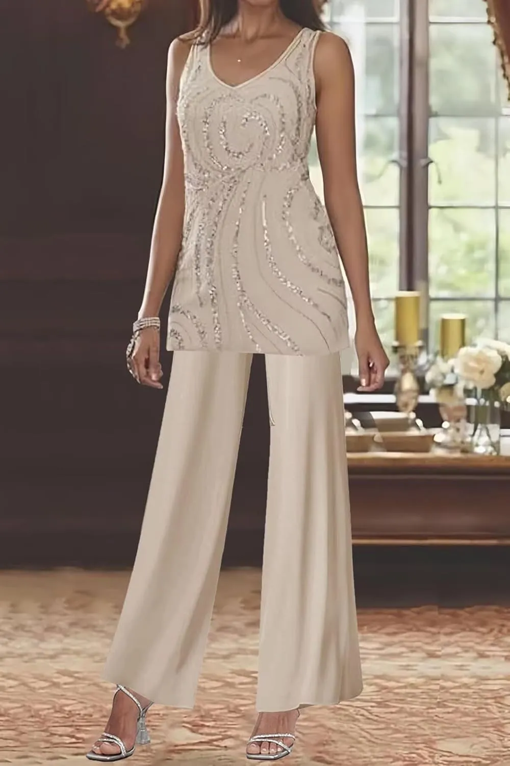 3 Piece Mother of The Bride Pant Suits Long Sleeve Chiffon Formal Wedding Guest Outfit Set with Jacket