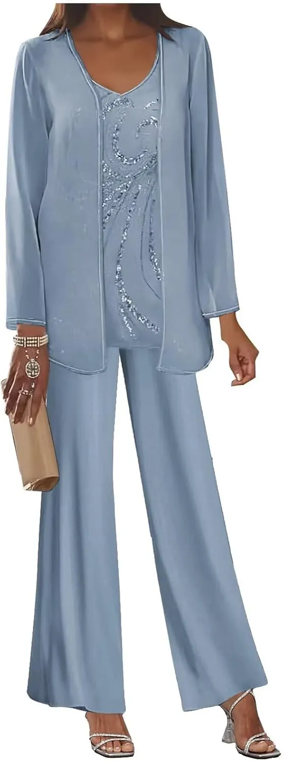 3 Piece Mother of The Bride Pant Suits Long Sleeve Chiffon Formal Wedding Guest Outfit Set with Jacket