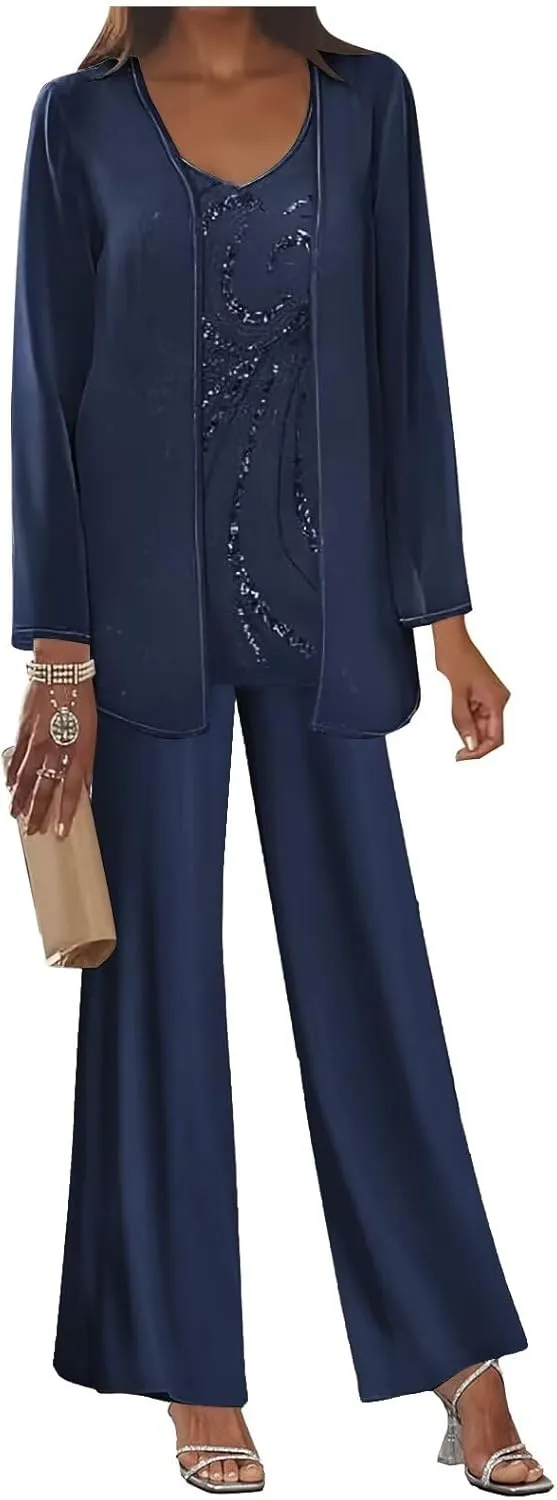 3 Piece Mother of The Bride Pant Suits Long Sleeve Chiffon Formal Wedding Guest Outfit Set with Jacket