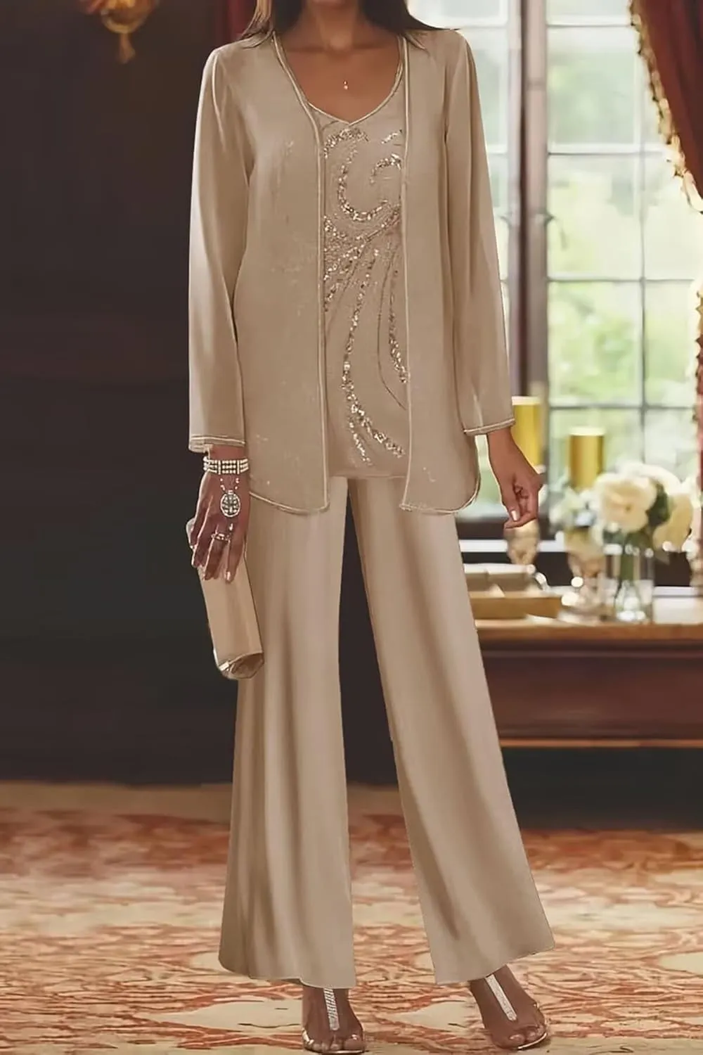3 Piece Mother of The Bride Pant Suits Long Sleeve Chiffon Formal Wedding Guest Outfit Set with Jacket