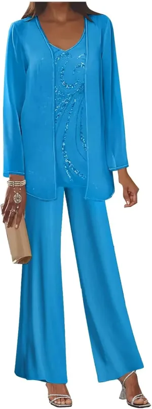 3 Piece Mother of The Bride Pant Suits Long Sleeve Chiffon Formal Wedding Guest Outfit Set with Jacket