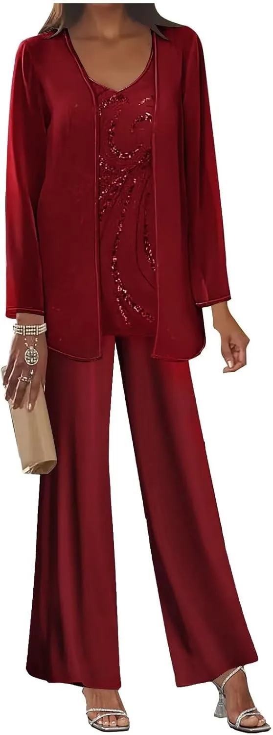 3 Piece Mother of The Bride Pant Suits Long Sleeve Chiffon Formal Wedding Guest Outfit Set with Jacket