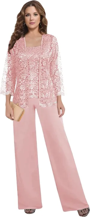 3 Pieces Mother of The Bride Pant Suits for Women Dressy with Jacket Long Sleeve Lace Chiffon Formal Wedding Outfit