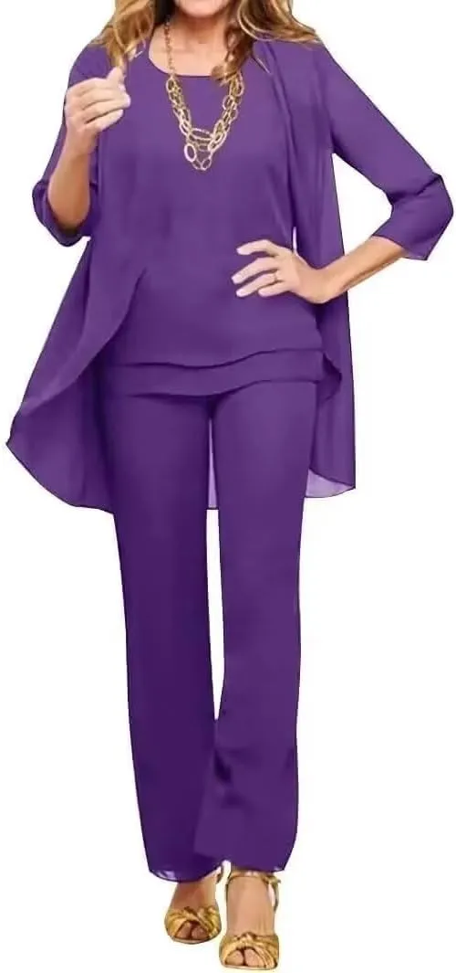 3 Pieces Pant Suits for Women Dressy Wedding Chiffon Mother of The Bride Pantsuits 3/4 Sleeves Formal Outfit Sets