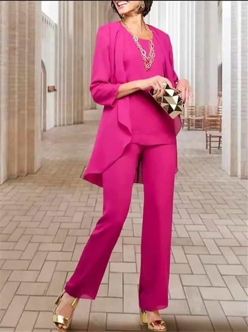3 Pieces Pant Suits for Women Dressy Wedding Chiffon Mother of The Bride Pantsuits 3/4 Sleeves Formal Outfit Sets
