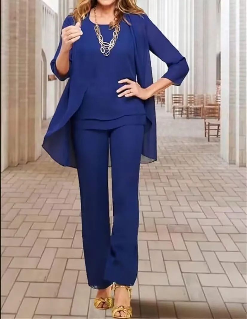 3 Pieces Pant Suits for Women Dressy Wedding Chiffon Mother of The Bride Pantsuits 3/4 Sleeves Formal Outfit Sets