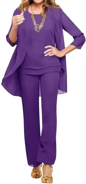 3 Pieces Pant Suits for Women Dressy Wedding Chiffon Mother of The Bride Pantsuits 3/4 Sleeves Formal Outfit Sets