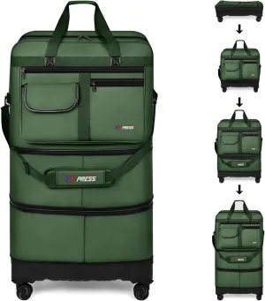 36'' Duffel Bag Suitcases with Wheels,Expandable Foldable Luggage Bag with Hardshell Base Case,Large Capacity Rolling Travel Bag Duffel Bag for Men Women,Green
