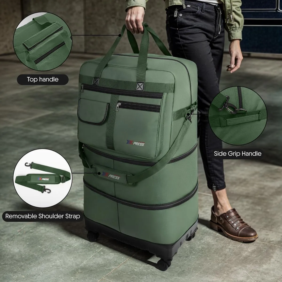 36'' Duffel Bag Suitcases with Wheels,Expandable Foldable Luggage Bag with Hardshell Base Case,Large Capacity Rolling Travel Bag Duffel Bag for Men Women,Green