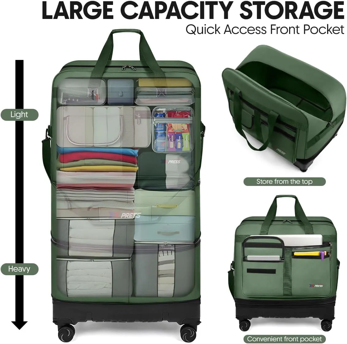 36'' Duffel Bag Suitcases with Wheels,Expandable Foldable Luggage Bag with Hardshell Base Case,Large Capacity Rolling Travel Bag Duffel Bag for Men Women,Green