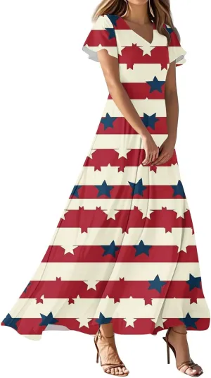 ADHOWBEW Red White and Blue Dress Memorial Days V Neck Summer Patriotic USA Short Sleeve American Flag 2025 Dresses