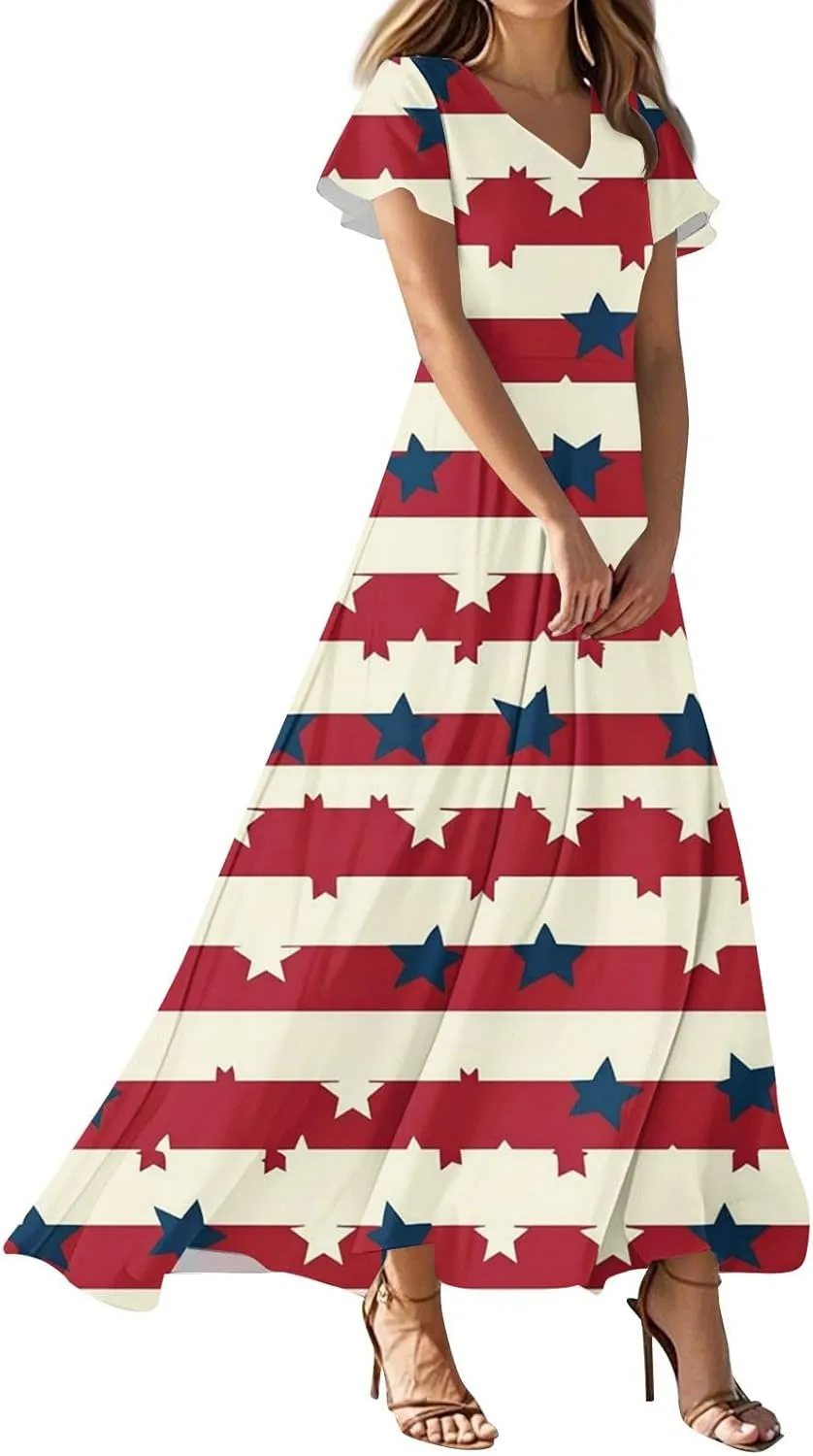 ADHOWBEW Red White and Blue Dress Memorial Days V Neck Summer Patriotic USA Short Sleeve American Flag 2025 Dresses