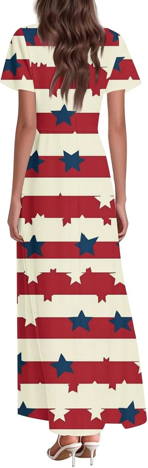 ADHOWBEW Red White and Blue Dress Memorial Days V Neck Summer Patriotic USA Short Sleeve American Flag 2025 Dresses