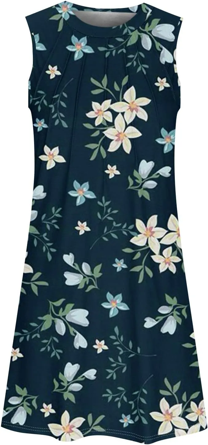 ADHOWBEW Summer Dresses for Women 2025 Casual Round Neck Plus Size Flowy Sexy Vacation Sleeveless Dresses