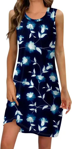ADHOWBEW Summer Dresses for Women 2025 Casual Round Neck Plus Size Flowy Sexy Vacation Sleeveless Dresses