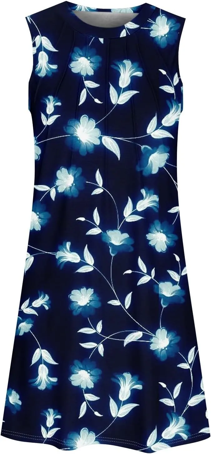 ADHOWBEW Summer Dresses for Women 2025 Casual Round Neck Plus Size Flowy Sexy Vacation Sleeveless Dresses