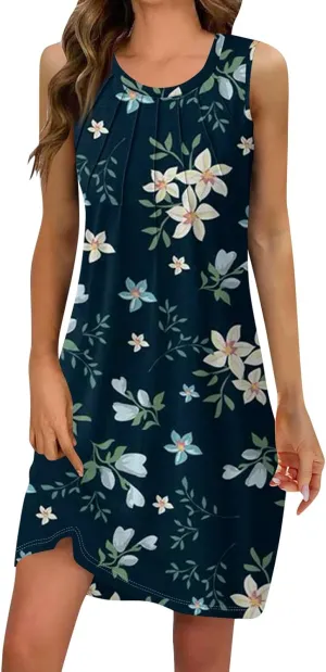 ADHOWBEW Summer Dresses for Women 2025 Casual Round Neck Plus Size Flowy Sexy Vacation Sleeveless Dresses