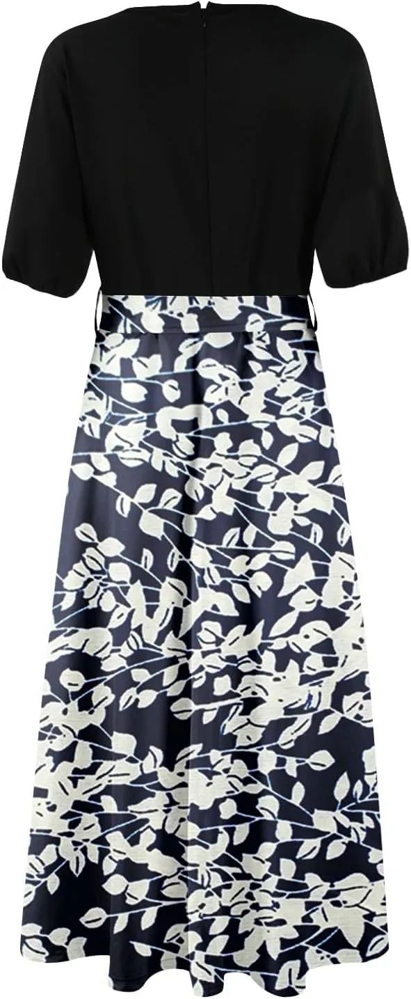 ADHOWBEW Women Dresses 2025 Vacation Boho Short Sleeve Split A Line Flowy Beach Sexy Plus Size V Neck Wrap Maxi Dress