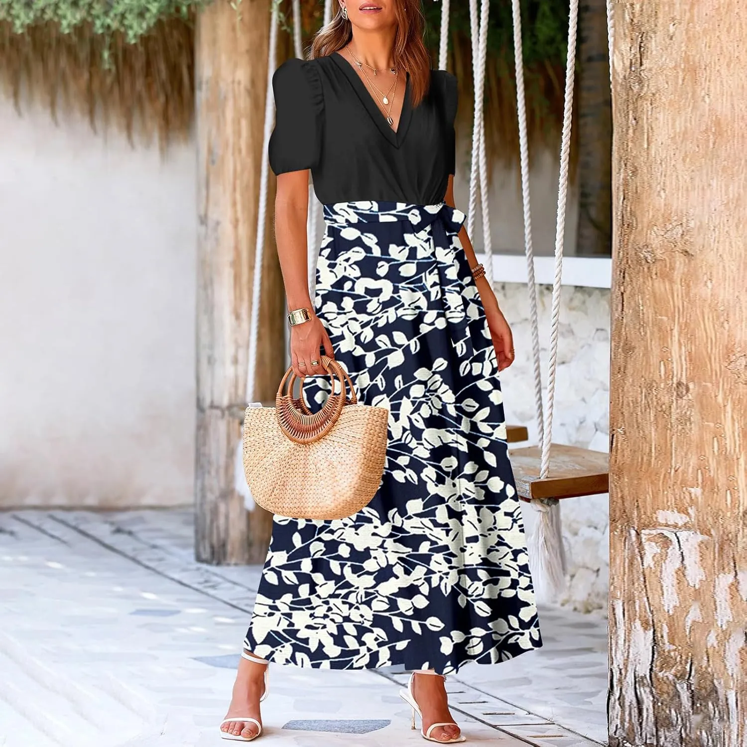 ADHOWBEW Women Dresses 2025 Vacation Boho Short Sleeve Split A Line Flowy Beach Sexy Plus Size V Neck Wrap Maxi Dress