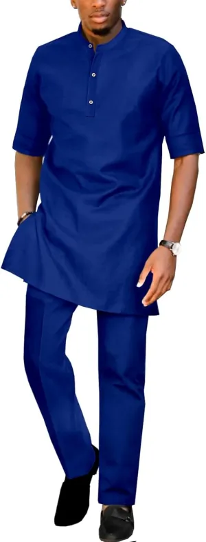 African Suit for Men Short Sleeve Shirt Pants 2 Piece Set Outfits Dashiki Nigerian Wedding Clothing