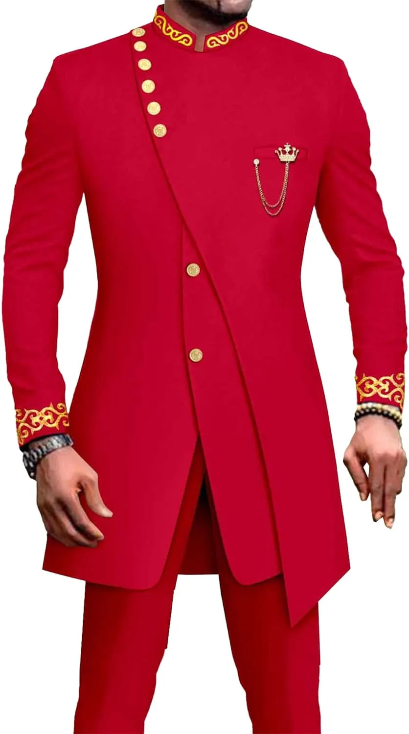 African Suits for Men Slim Fit Formal Embroidery Blazer and Pants Set Business Dress Suit Party Wedding