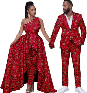 African Wedding Dresses Ankara Printed Fabric Men's Suit Matching Pants 2 Piece Set Women's Party Dresses Coupleswear