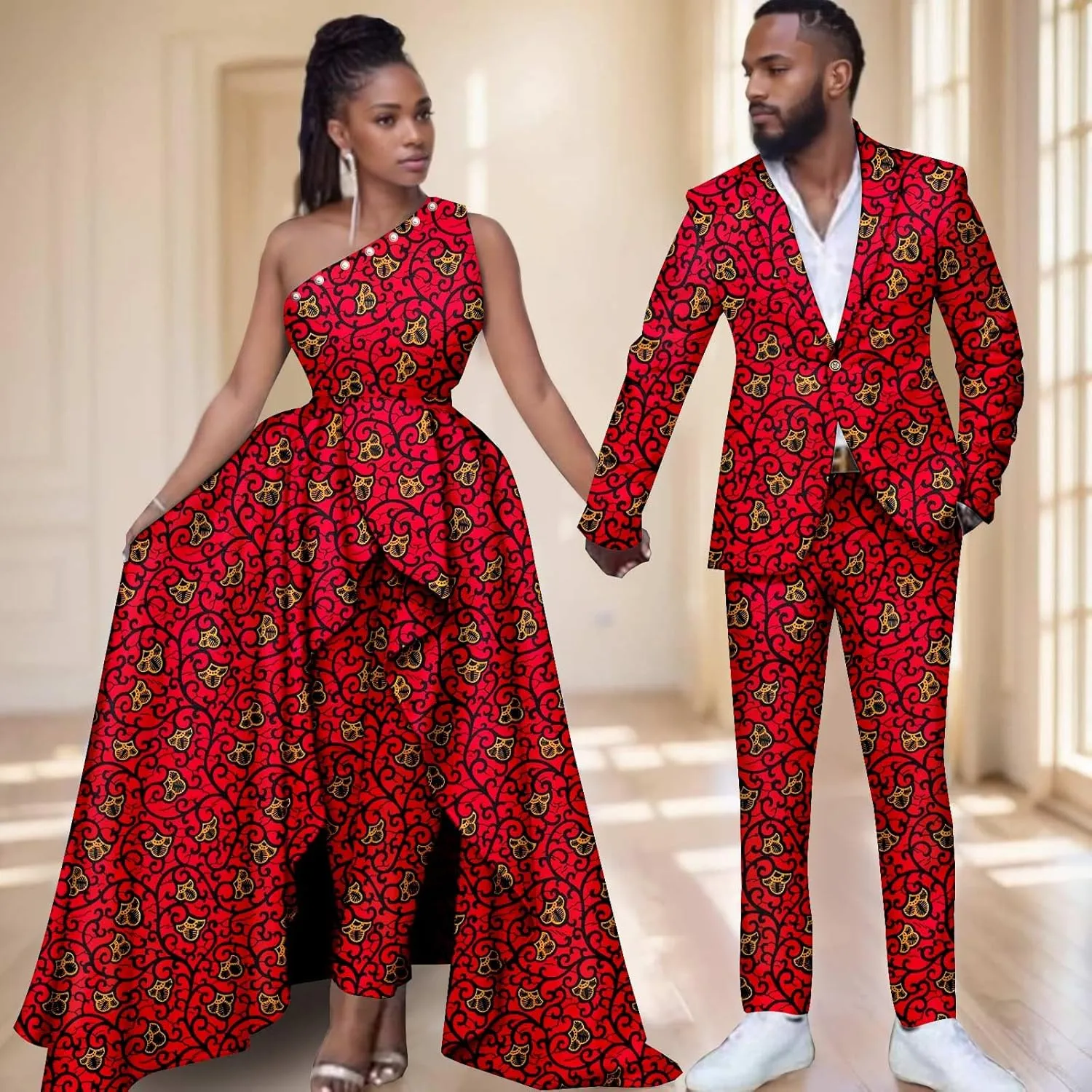 African Wedding Dresses Ankara Printed Fabric Men's Suit Matching Pants 2 Piece Set Women's Party Dresses Coupleswear