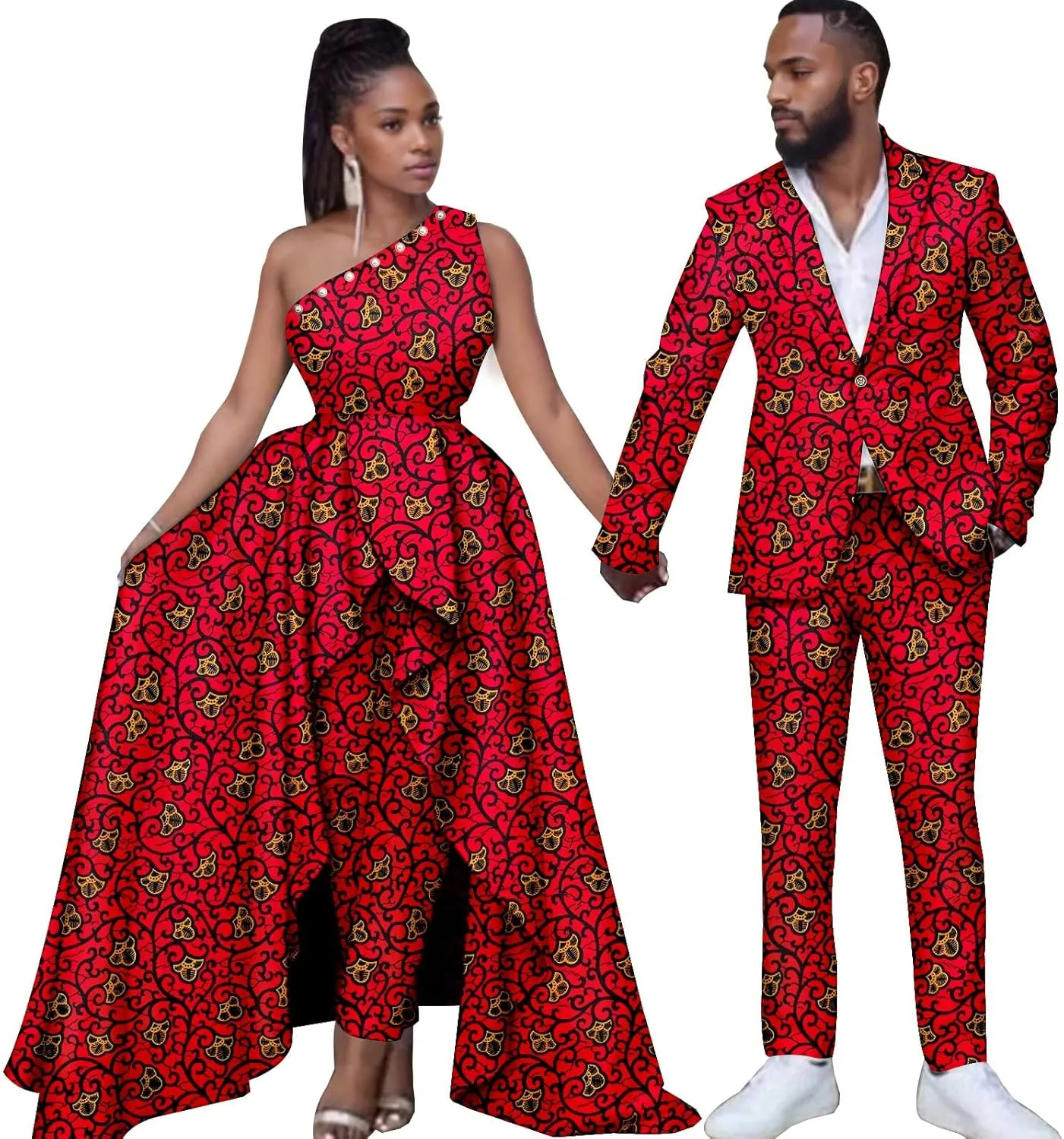 African Wedding Dresses Ankara Printed Fabric Men's Suit Matching Pants 2 Piece Set Women's Party Dresses Coupleswear